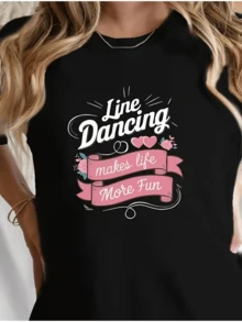 Frase sobre el baile en línea con corazones y flores simboliza alegría entusiasmo y energía positiva perfecta para amantes de la danza camiseta de mujer casual cómoda y moderna - Negro - Ver 6
