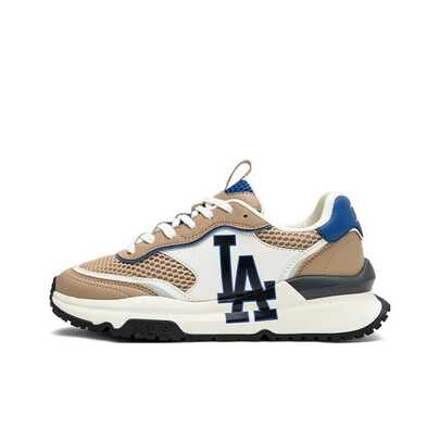 MLB Chunky Runner Leather Breathable Mesh Shoes With 5cm Thick Sole, Retro Style, Non-Slip, Durable, Height-Boosting, Low-Top, Dad Shoes, Unisex, Khaki White