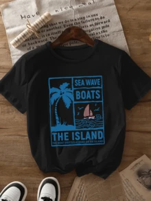 Palmera junto a olas del mar simbolizando tranquilidad libertad y el deseo de explorar mientras un barco avanza hacia una isla evocando aventura tropical y energía positiva camiseta de mujer casual cómoda para verano playa y paseo urbano - Negro - Ver 1