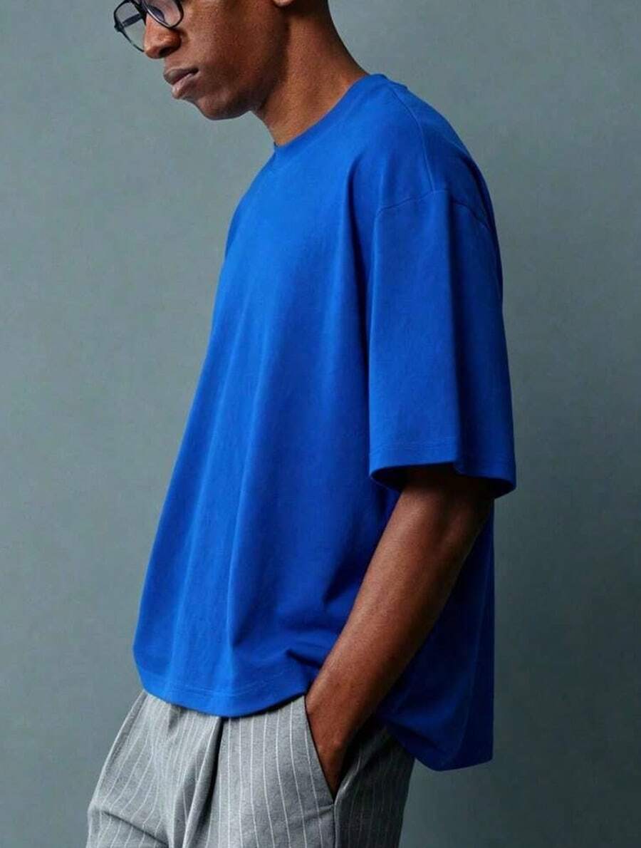 Oversized Boxy Cut Short Sleeve Jersey T Shirt Casual Crop Fit Streetwear Modern Minimalist All Season Essential Top-Comfy Vintage Cotton Tee-K48 - 藍色 - 查看 1
