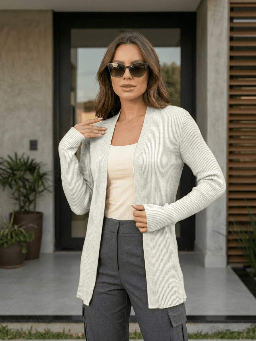 Women's Open Ribbed Cardigan, Basic, Elegant, Casual, Winter, Cold Weather, Knit Cardigan - Apagado - Ver 1