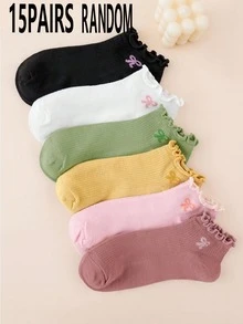 1/5/10/15/20 Pairs Random Women Solid Color Comfortable Breathable Simple Casual Campus Style Bow Ruffle Edge Short Socks - Multicolor - View 16