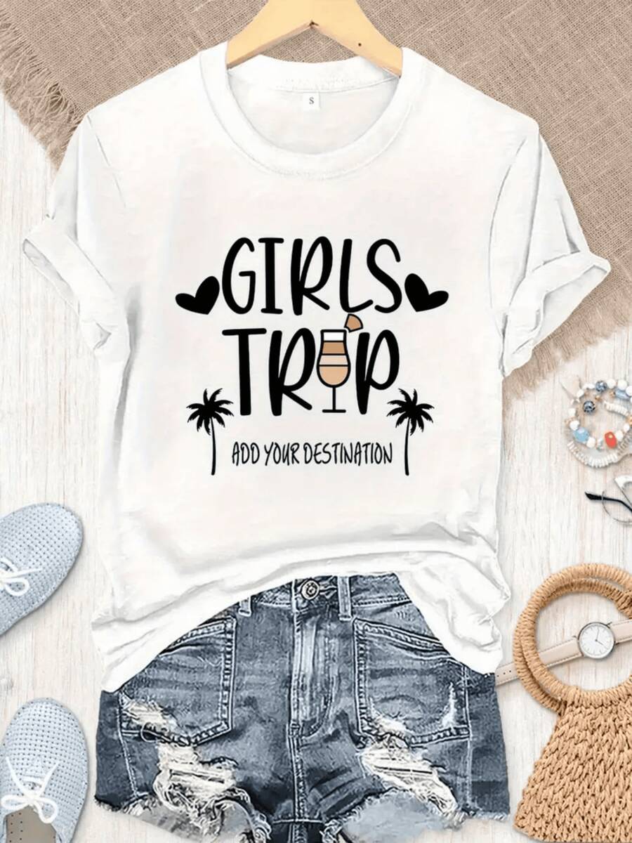 Palm Trees With Canopies And Hearts Symbolize Friendship And The Joy Of Traveling Together, Evoking Happy Moments Under The Sun In Paradisiacal Places. Comfortable Casual Women's T-Shirt For Summer And Holidays - 白色 - 查看 1