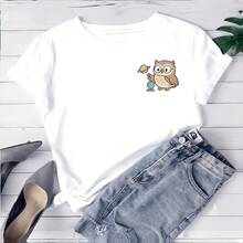 Camiseta estampada para mujer con gráfico de lindo búho de dibujos animados - camiseta casual de manga corta y cuello redondo, corte relajado para todas las estaciones, perfecta para uso diario y vacaciones, lavable aáquina. - Blanco - Ver 1