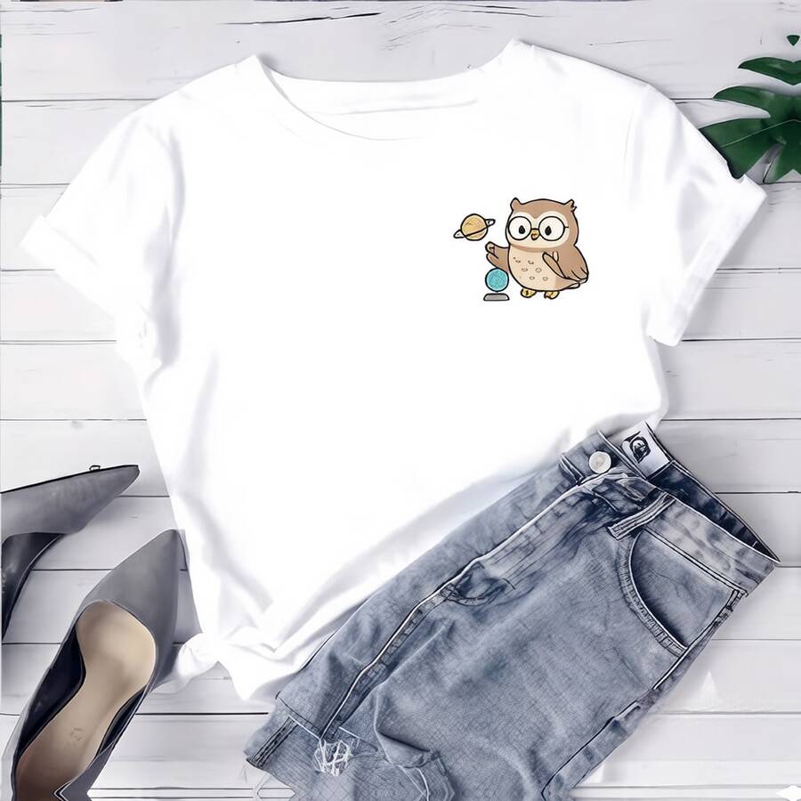 Camiseta estampada para mujer con gráfico de lindo búho de dibujos animados - camiseta casual de manga corta y cuello redondo, corte relajado para todas las estaciones, perfecta para uso diario y vacaciones, lavable aáquina. - Blanco - Ver 1
