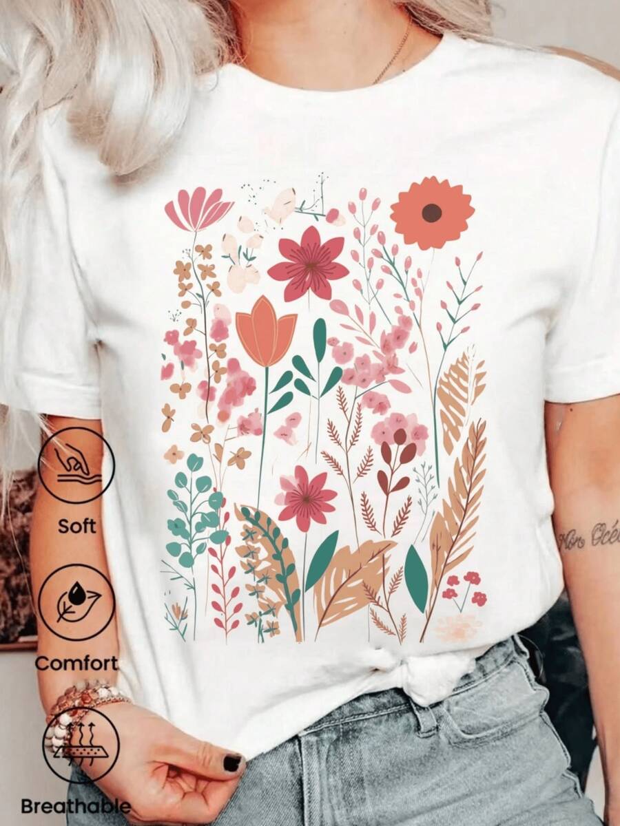Colorful Flowers Symbolizing Vitality And Joy, With Butterflies Evoking Freedom And Nature, Fused Into An Inspiring Artistic Style. Limited Edition Modern Casual Women's T-Shirt - 白色 - 查看 1