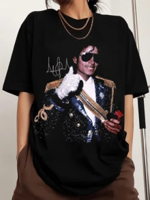 Michaels Jacksons King Of Pop Vintage T-Shirt, Iconic Glove Graphic T-Shirt, Retro Music Shirt, Printed Men's Fashion Short-Sleeved Sports T-Shirt With Crew Neck, Comfortable And Versatile, 100% Cotton, 220 G - 黑色 - 查看 1