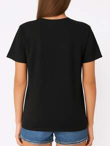 Camiseta de mujer, estampado de gatito adorable y lazo rosa - top casual de manga corta y cuello redondo, camisa transpirable para primavera/verano, diseño de cara de gato con lazo rosa, adecuada para uso casual (lavable a máquina). - Negro - Ver 4
