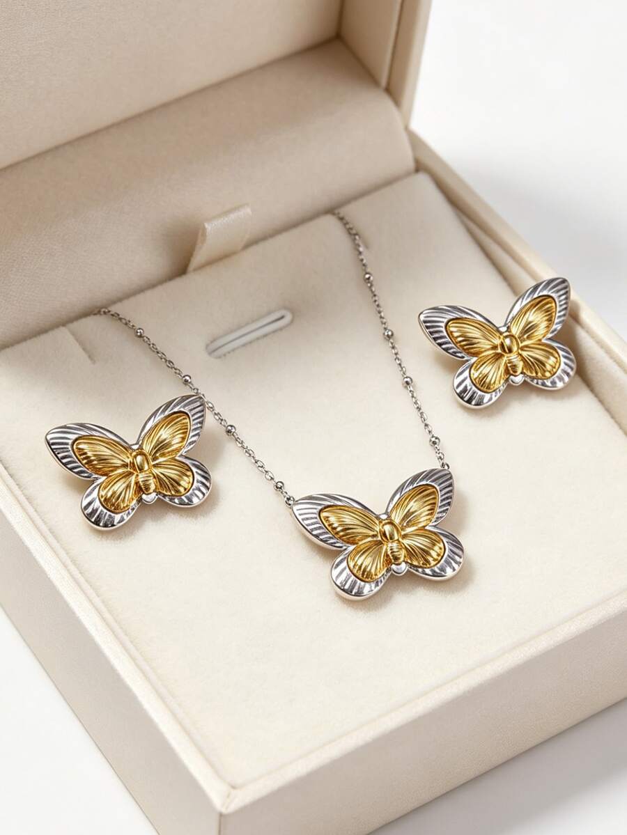 Bộ trang sức mặt dây chuyền hình bướm, vòng cổ và dây chuyền - Dây chuyền và bông tai hình bướm màu vàng - Thiết kế dành cho nữ, trang sức thời trang, món quà Valentine độc đáo nhất, màu vàng, bạc. - Con bướm vàng bọc bạc - Xem 1
