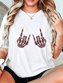 Skeletal Hands In Shades Of Purple Pointing Upwards Symbolize Irreverent Strength And A Rebellious Attitude Full Of Unique Style, Perfect For Confident Women. Modern Casual Women's T-Shirt - 白色 - 查看 8