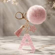 A-Z Fluffy Pom Pom Keychain, Fashionable Bag Charm & Key Ring, Holiday Bag Accessory, Perfect Gift For Valentine's Day/Birthday/New Year - Pink - View 4