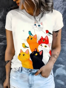 Multicolored Cats Looking Upwards Next To Small Blue And Red Birds Symbolize Curiosity And Harmony Between Species. A Modern, Casual Women's T-Shirt For Comfortable And Attractive Everyday Wear. - 白色 - 查看 8
