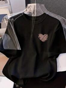 Corazón formado por trazos irregulares que simbolizan emociones sinceras y energía positiva recordando la importancia del amor propio y la calma interior camiseta de mujer casual moderna cómoda para uso diario - Negro - Ver 8