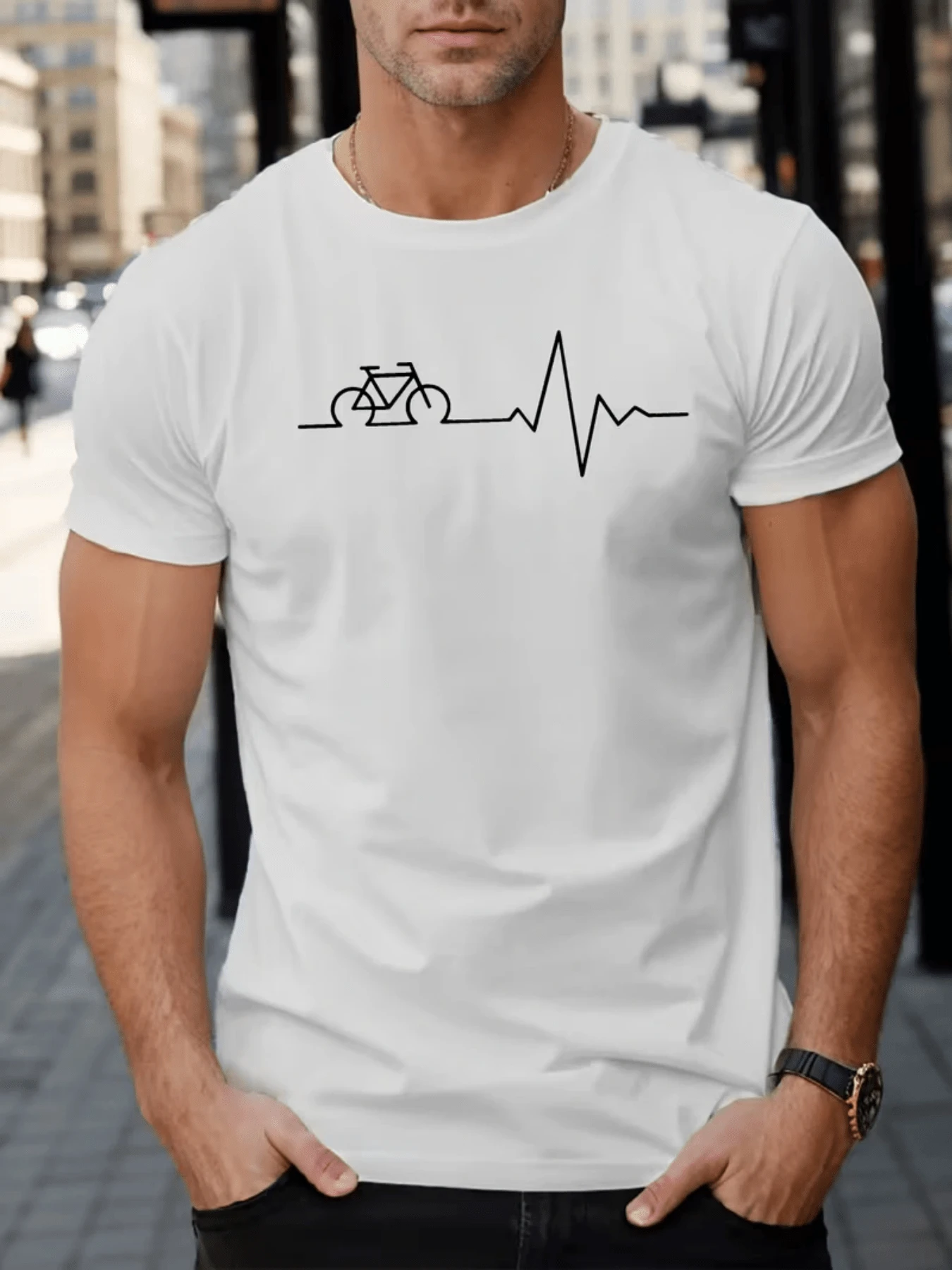 A Bicycle Merges With A Pulse Line, Symbolizing The Constant Passion For Cycling, The Energy Of The Heart Beating With Each Pedal Stroke, As A Metaphor For Strength, Freedom, And Connection To Modern Life. A Comfortable, Casual Men's T-Shirt, Ideal For Adventure Lovers. - 白色 - 查看 1