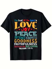 Women's Christian T-Shirt "Fruits Of The Spirit" Galatians 5:22-23, Casual T-Shirt With Colorful Text, 100% Pure Cotton, Comfortable Colors. Short Sleeve Design And Round Neck, New Women's Slim Fit T-Shirt With Round Neck, Spring/Summer Design Style, Couple Style, Perfect For Matching Sets. - 黑色 - 查看 1