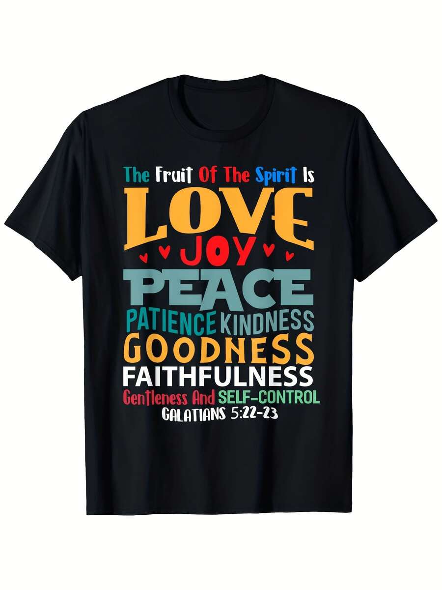 Women's Christian T-Shirt "Fruits Of The Spirit" Galatians 5:22-23, Casual T-Shirt With Colorful Text, 100% Pure Cotton, Comfortable Colors. Short Sleeve Design And Round Neck, New Women's Slim Fit T-Shirt With Round Neck, Spring/Summer Design Style, Couple Style, Perfect For Matching Sets. - 黑色 - 查看 1