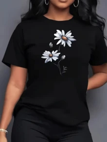 Dos margaritas blancas que representan pureza esperanza y alegría florecen juntas evocando calma y energía positiva en cada detalle camiseta de mujer casual moderna cómoda para diario - Negro - Ver 8