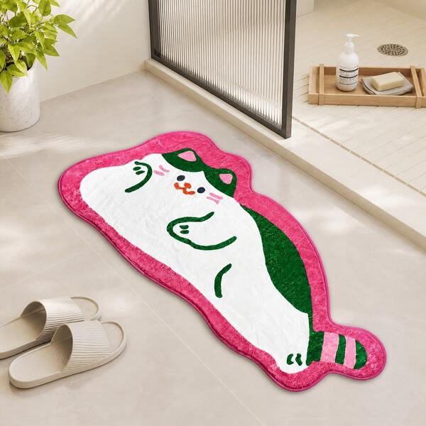 One Adorable Cat-Shaped Bathroom Rug, Japanese-Style Cute Faux Plush Asymmetric Short-Pile Rug, Machine Washable, Easy To Clean, Non-Slip Bathroom Mat, Suitable For Home Decor, Bedroom, And Living Room.