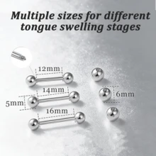 14G 舌環套組,12mm/14mm/16mm 外科鋼舌槓鈴飾品 (6件裝),外螺紋附插入錐形器與球抓取器,含 5mm & 6mm 替換球 - 銀色 - 查看 3