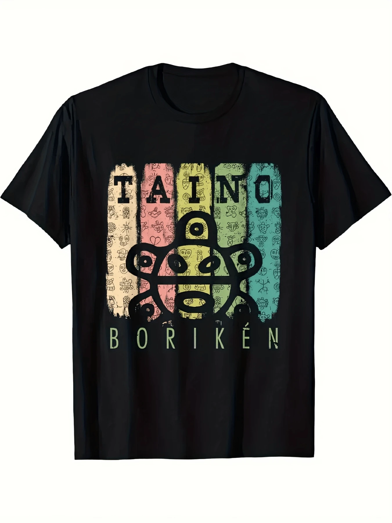 Símbolos taínos en tonos pastel representan la conexión ancestral con la isla Borikén y evocan la fuerza del espíritu caribeño camiseta de mujer casual cómoda para verano y uso diario - Negro - Ver 1