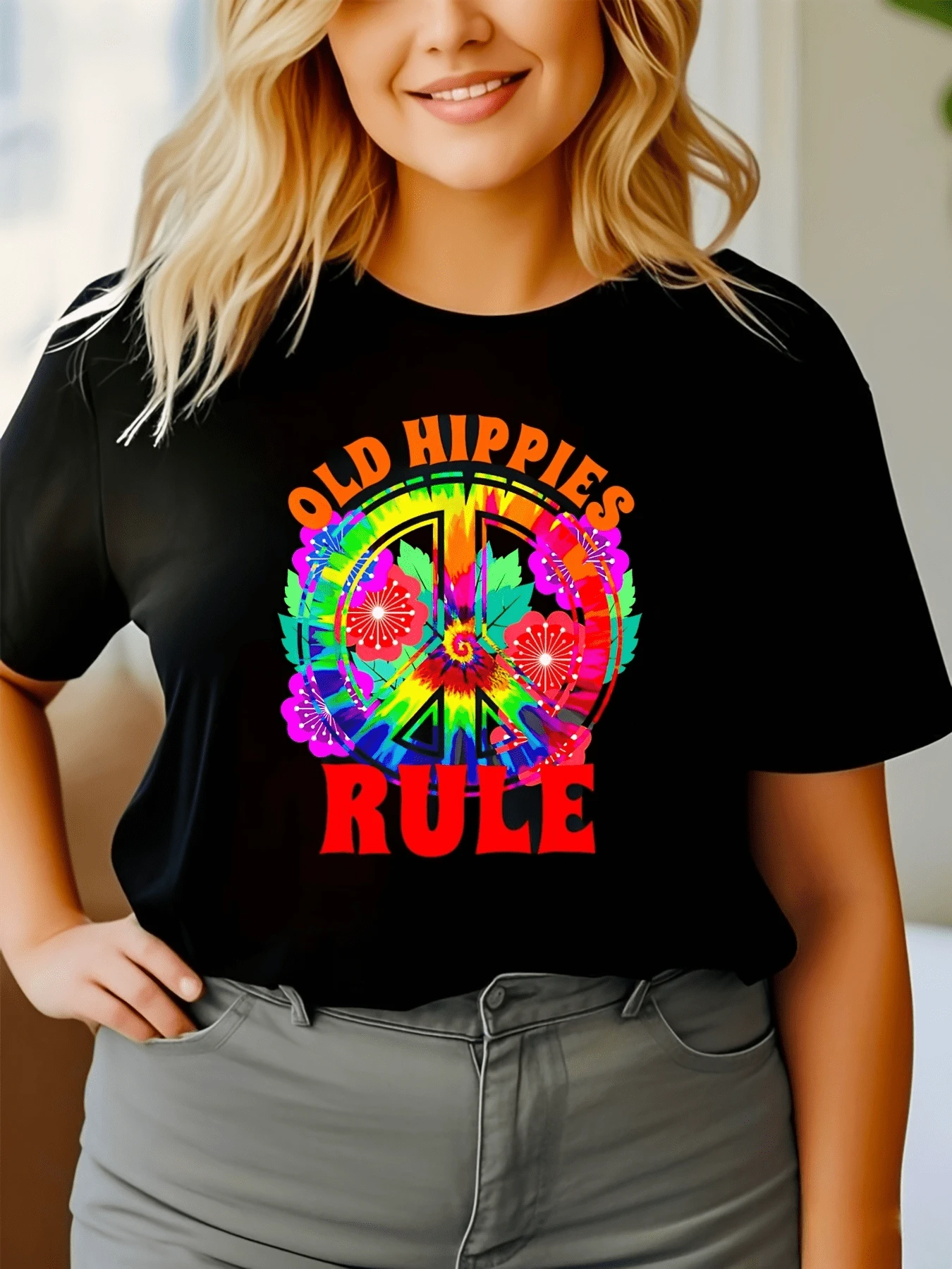 Símbolo psicodélico de paz rodeado de flores multicolor que representa libertad amor alegría unión espiritual y conexión con la naturaleza camiseta de mujer moderna casual cómoda y llamativa - Negro - Ver 1