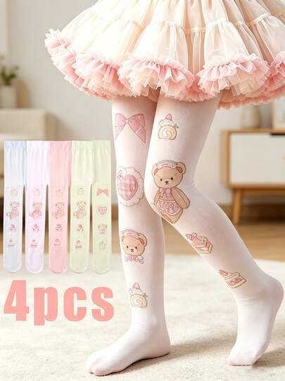 Có 4 màu để lựa chọn. Quần tất cho bé gái, họa tiết gấu và nơ, legging khiêu vũ nhẹ, thoáng khí, tất mỏng mềm mại in hình hoạt hình, độ co giãn cao, thân thiện với da, quần tất công chúa đa năng.