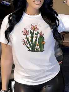 Flores del desierto que representan la fuerza y la belleza natural de la vida en medio de la aridez con tonos suaves y formas armónicas camiseta de mujer casual cómoda para uso diario - Blanco - Ver 1