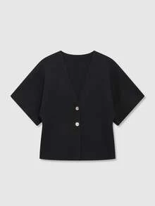 Women's Casual Solid Color Button Front Cardigan, Suitable For Summer & Autumn Black - Black - View 8