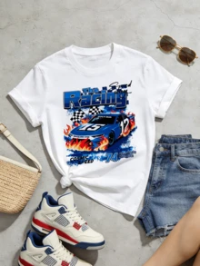 Women's Summer Casual Soft Round Neck Short Sleeve T-Shirt,The Racing Cosmic Speed Car Print Graphic,Suitable For Daily Wear In Spring And Summer.White - White - View 5