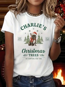 Camiseta gráfica festiva de Navidad con el lema "New York Dogmas", camiseta casual de manga corta y cuello redondo con estilo, adecuada para cualquier temporada, ropa de mujer - [Blanco] - Ver 1