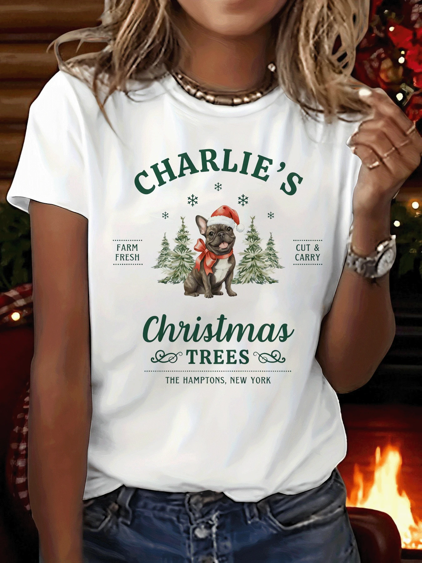 Camiseta gráfica festiva de Navidad con el lema "New York Dogmas", camiseta casual de manga corta y cuello redondo con estilo, adecuada para cualquier temporada, ropa de mujer - [Blanco] - Ver 1