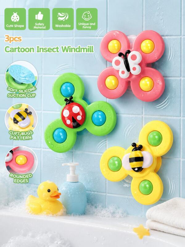 Baby Bath Spinner Toys, Suction Cup Cartoon Insect Windmill Toys For Bathtub Wall, Butterfly Bee Ladybug Rotating Toys For Toddlers Boys Girls