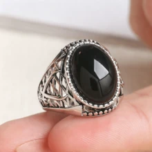 1pc 925 Sterling Silver Inlaid Black Agate Vintage Style Ring Hollow Design Dyed Black Process Women's Ring Unisex Suitable For Daily Wear Gift - Silver - View 2