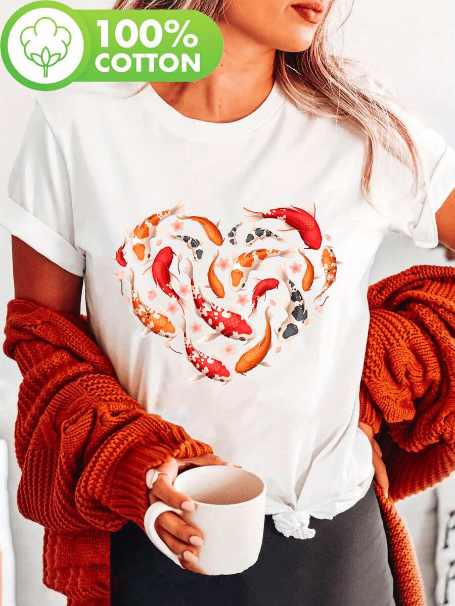 Camiseta retro con estampado de koi en forma de corazón para mujer, estilo europeo y americano con estética oriental, manga corta, top artístico de algodón puro con cuello redondo para primavera/verano 2026, camiseta hermosa y auspiciosa a la moda. - Blanco - Ver 1