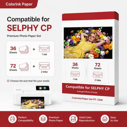 Selphy CP1300 CP1500 兼容墨盒和 4x6 照片纸 – 1 个彩色墨盒 + 36 张光面相纸，适用于无线小型打印机，是旅行、生日、聚会、家庭和 DIY 剪贴簿的理想之选。
