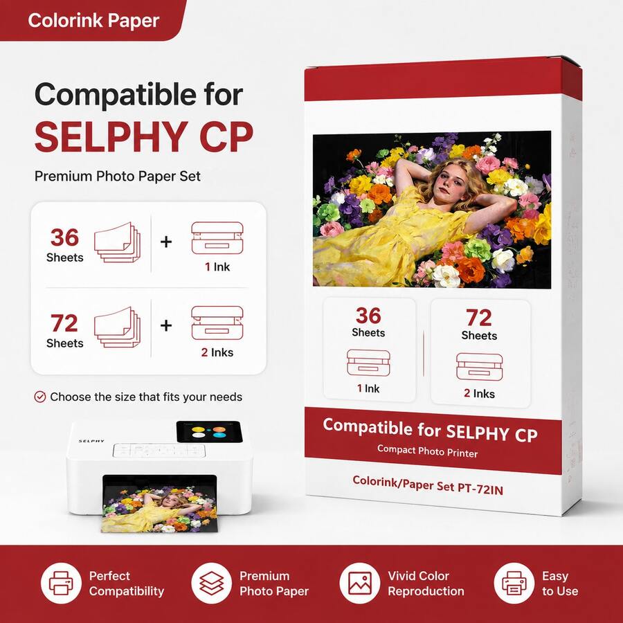 Selphy CP1300 CP1500 兼容墨盒和 4x6 照片纸 – 1 个彩色墨盒 + 36 张光面相纸,适用于无线小型打印机,是旅行、生日、聚会、家庭和 DIY 剪贴簿的理想之选。 - 查看 1