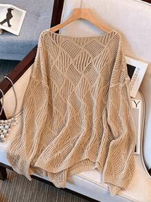 Women's V-Neck Hollow Rhombus Design Loose Knit Cover Up, Airy And Breathable For Beach/Resort Wear, Spring/Summer Vacation - 卡其色 - 查看 2