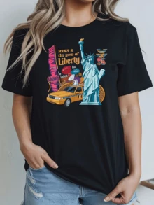 Estatua de la Libertad acompañada de un taxi clásico de Nueva York y luces urbanas que simbolizan energía y libertad moderna camiseta de mujer casual cómoda y moderna - Negro - Ver 1