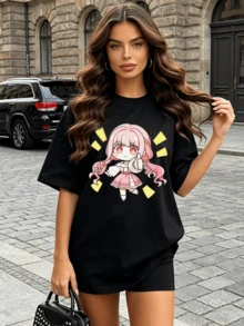 Camisa casual holgada de verano para mujer, blusa de algodón suave con cuello redondo y manga corta, estilo callejero vintage europeo americano. - Negro - Ver 2