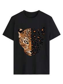 Rostro de leopardo que simboliza fuerza elegancia y libertad reflejando el poder interior femenino en equilibrio con la naturaleza camiseta de mujer casual moderna cómoda para uso diario - Negro - Ver 8