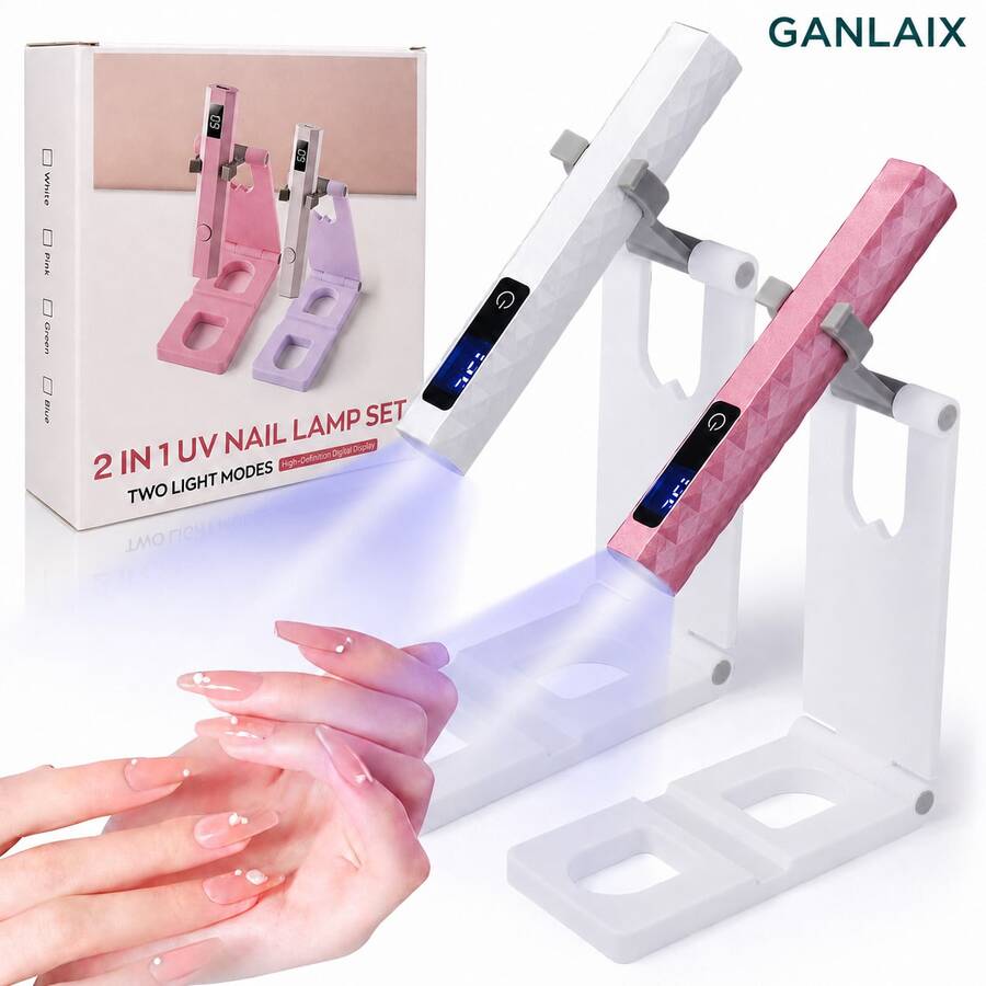 GANLAIX 便携式手持UV/LED美甲灯套装，可固化凝胶指甲油，家用美甲DIY工具，带液晶显示屏，方便控制时间，迷你速干指甲油凝胶烘干灯，精美礼品