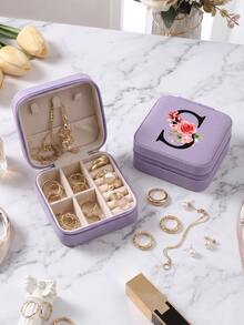 Purple PU Leather Mini Jewelry Organizer Box, Portable Travel, Home Jewelry Case With Multi-Compartment For Necklaces, Earrings, Rings, Studs Hair Clips, Floral Design - Flowers Style - View 18