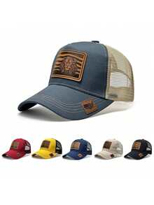 1pc Prairie Series, Retro Leather Label Lion Pattern, Showing Strength And Majesty, Fashionable Outdoor Baseball Mesh Cap - Lion - View 1