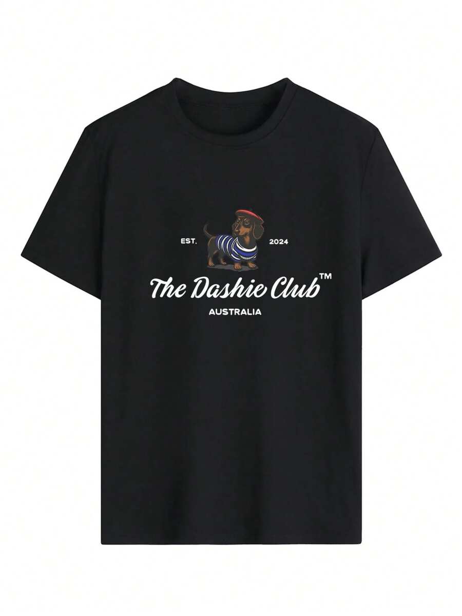 Perro salchicha con boina roja y camiseta a rayas que transmite una energía alegre y amistosa representando el espíritu aventurero y divertido unido a un toque elegante camiseta de mujer casual cómoda para uso diario - Negro - Ver 1