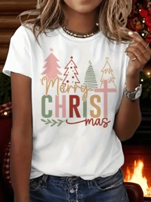 1 T-Shirt With Abstract Christmas Tree Design, Modern, Short Sleeve And Round Neck, Suitable For Any Season, Specially Designed For Women, 180g 100% Cotton. - 白色 - 查看 6