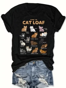 Ilustración divertida que muestra diferentes tipos de gatos en forma de pan simbolizando ternura humor y creatividad perfecta para amantes de los felinos camiseta de mujer casual cómoda y moderna - Negro - Ver 8
