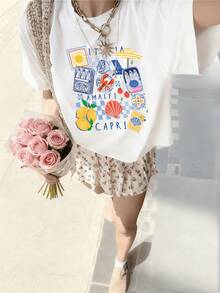 Radiant Sun Over Mediterranean Landscapes With Lemons, Flowers, Seashells And Symbols Of Italy, Amalfi And Capri, Evoking Summer And Joy. Comfortable Casual Women's T-Shirt For Everyday Wear - 白色 - 查看 8