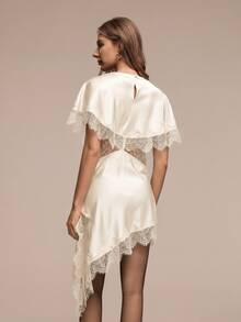 HZXVIC New Women's Solid Color Elegant Lace Patchwork Open Slit Design Vacation Beach Sexy Dress With Lining Summer - Beige - View 2