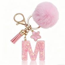 A-Z Fluffy Pom Pom Keychain, Fashionable Bag Charm & Key Ring, Holiday Bag Accessory, Perfect Gift For Valentine's Day/Birthday/New Year - Pink - View 18