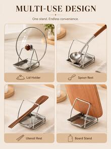1pc Stainless Steel Pot Lid & Ladle Holder, Multi-Functional Kitchen Utensil Rack, Suitable For Ladle, Spatula, Chopsticks & Cooking Tools, Countertop Storage Rack - Multicolor - View 5
